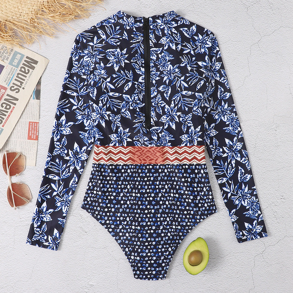 Blue Floral Print Long Sleeves Surf Wear-Swimwear-Free Shipping at meselling99