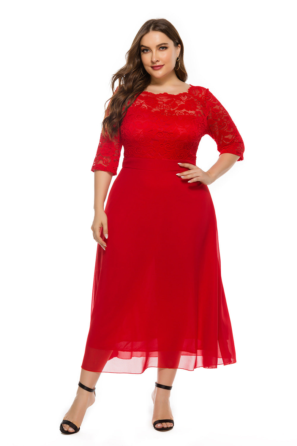 Red 3/4 Length Sleeves Lace Red Plus Size Dresses-Plus Size Dresses-Red-XL-US 14-Free Shipping at meselling99