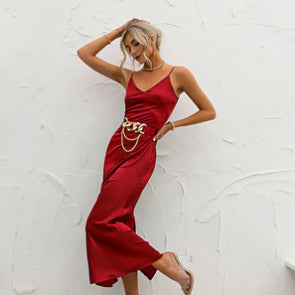 Sexy Satin Spaghetti Straps Women Dresses-Dresses-Red-S-Free Shipping at meselling99