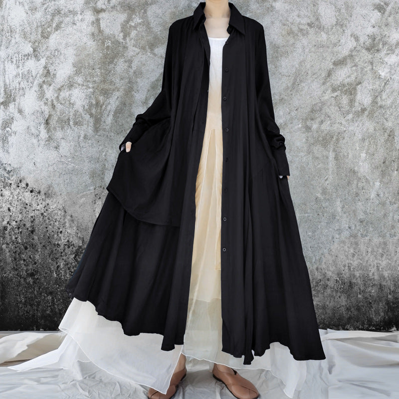 Ethnic Vintage Linen Designed Long Shirt Dresses-Dresses-Black-L-Free Shipping at meselling99