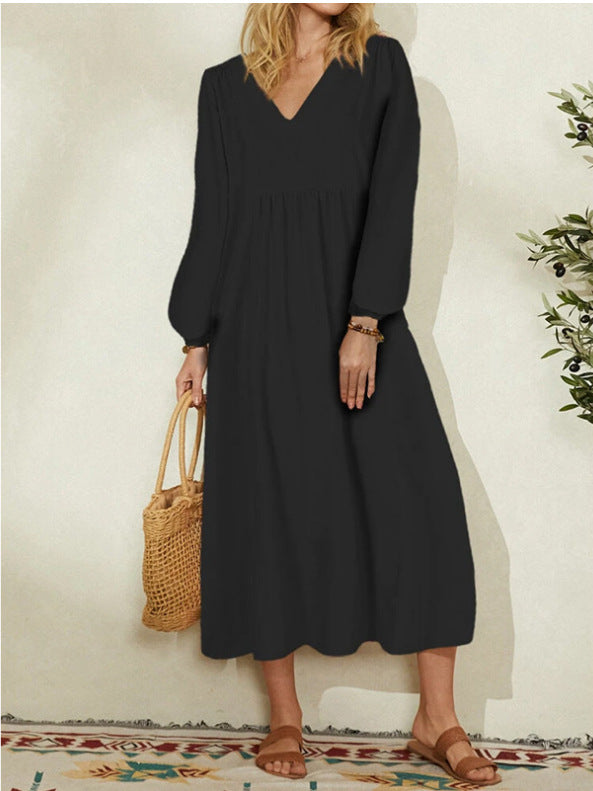 Leisure Cotton Long Sleeves Day Dresses-Maxi Dresses-Black-M-Free Shipping at meselling99