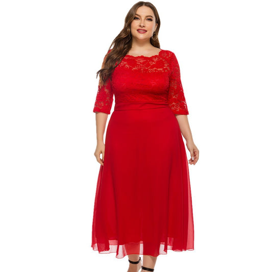 Red 3/4 Length Sleeves Lace Red Plus Size Dresses-Plus Size Dresses-Free Shipping at meselling99