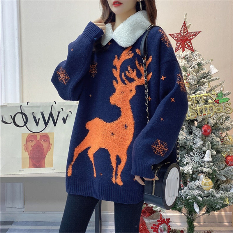 Casual Christmas Pullover Knitted Sweaters for Women-Shirts & Tops-Navy Blue-One Size-Free Shipping at meselling99