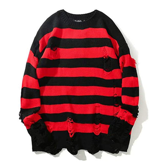 Casual Broken Holes Striped Knitted Sweaters for Couple-Shirts & Tops-Red-S-Free Shipping at meselling99
