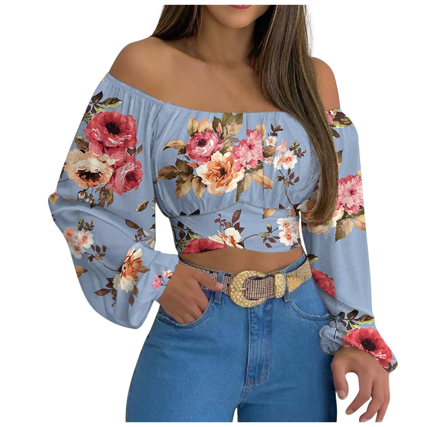 Sexy Off The Shoulder Midriff Baring Summer Short Tops-Shirts & Tops-Blue Flower-S-Free Shipping at meselling99