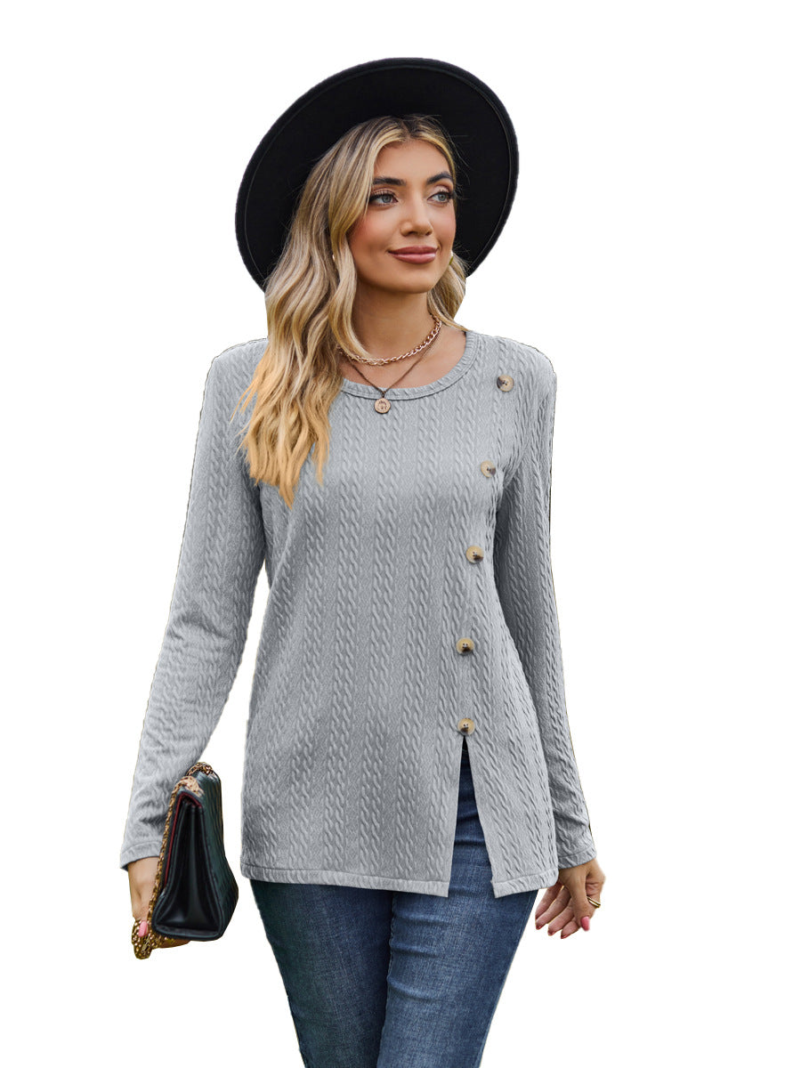 Fashion Round Neckline Button Long Sleeves Shirts-Shirts & Tops-Gray-S-Free Shipping at meselling99