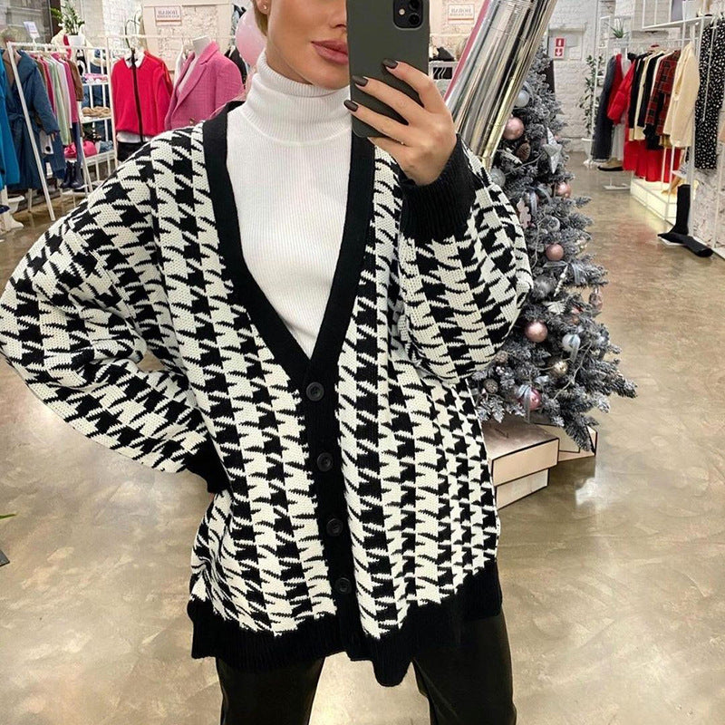 Women V Neck Knitted Plaid Long Sleeves Cardigan Overcoat-Women Sweaters-Black-S-Free Shipping at meselling99