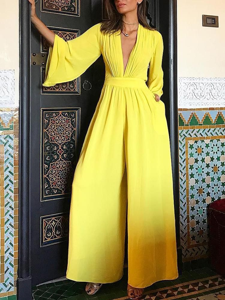 Yellow Long Sleeves V Neck Jumpsuits-Yellow-S-Free Shipping at meselling99