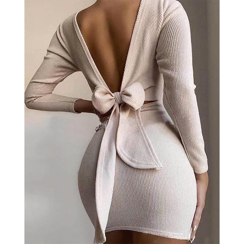 Sexy Bow Backless Knitted Mini Dresses-Dresses-Free Shipping at meselling99