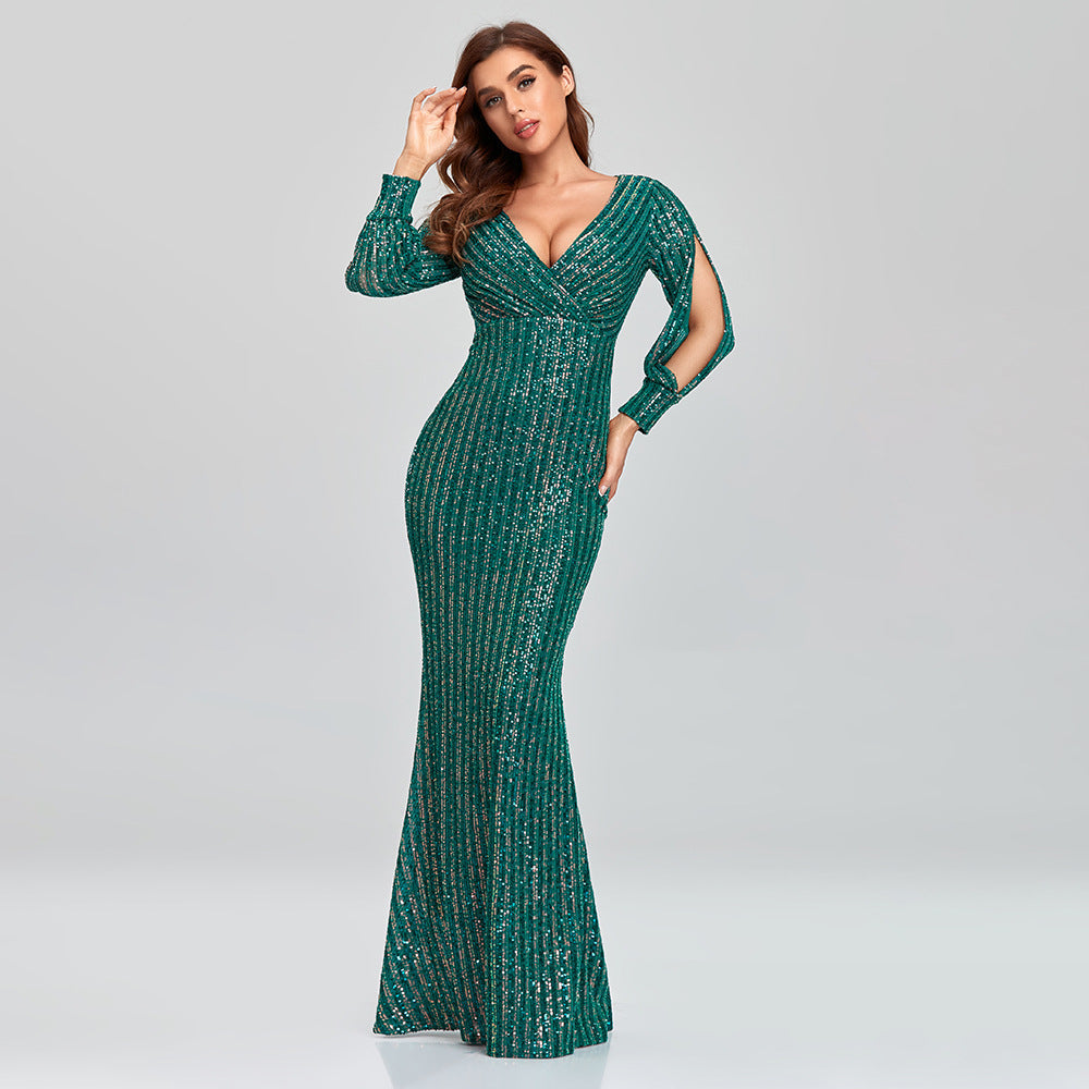 Sexy V Neck Sequined Mermaid Evening Dresses-Dresses-Green-S-Free Shipping at meselling99