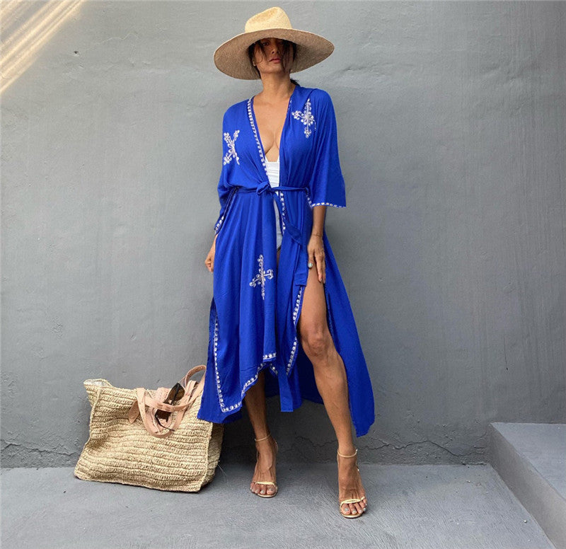 Boho Summer Holiday Kimono Cover Up Dresses-Blue-One Size-Free Shipping at meselling99