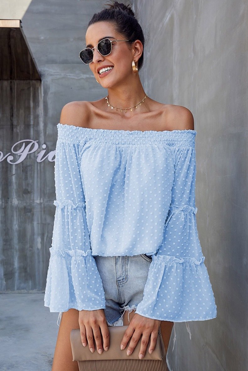 Off The Shoudler Bell Sleeves Chiffon Blouses-Sky Blue-S-Free Shipping at meselling99