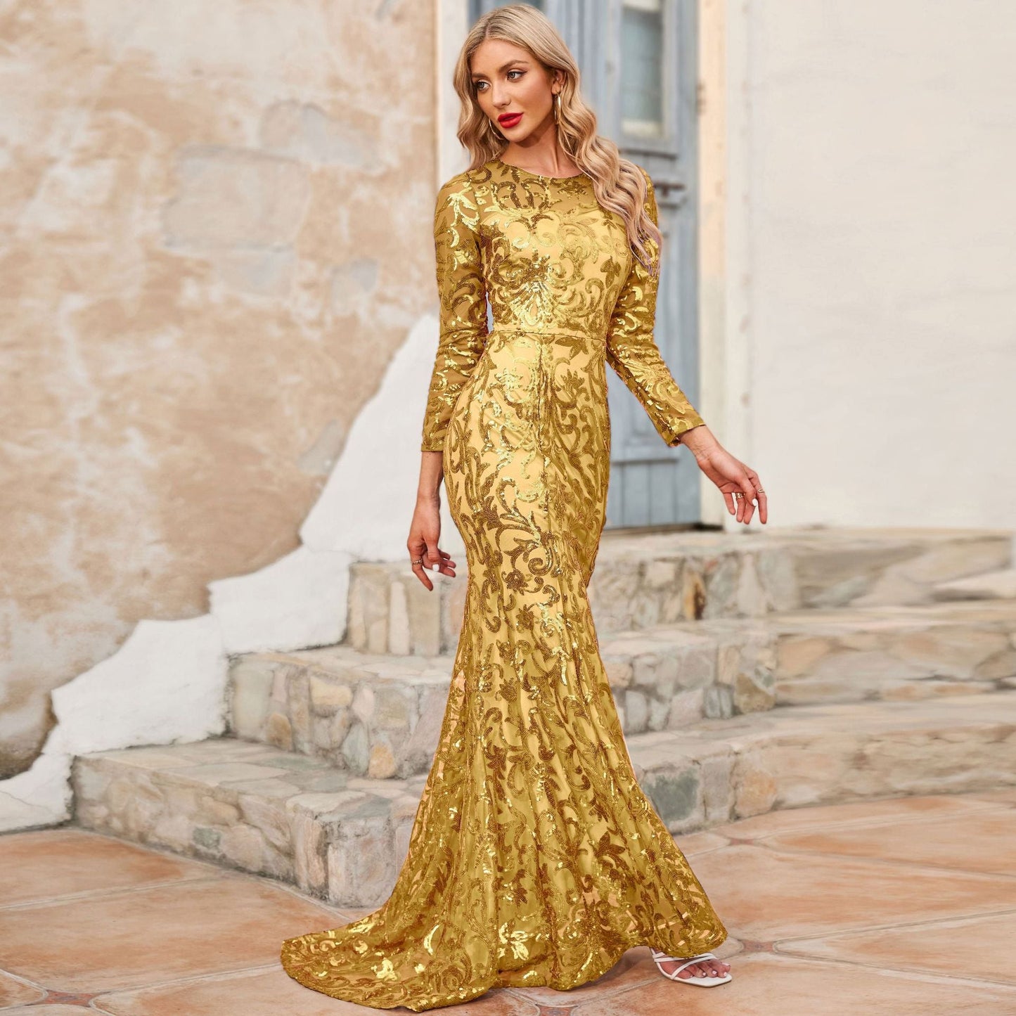 Elegant Round Neck Long Evening Dresses-Dresses-Gold-S-Free Shipping at meselling99