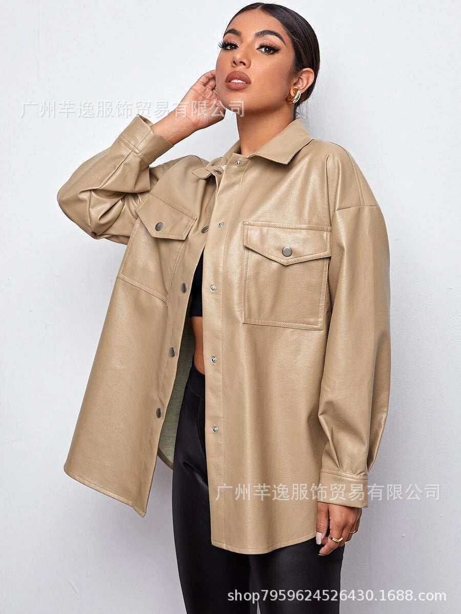 Leisure Women Long Sleeves PU Autumn Overcoat-Coats & Jackets-Free Shipping at meselling99