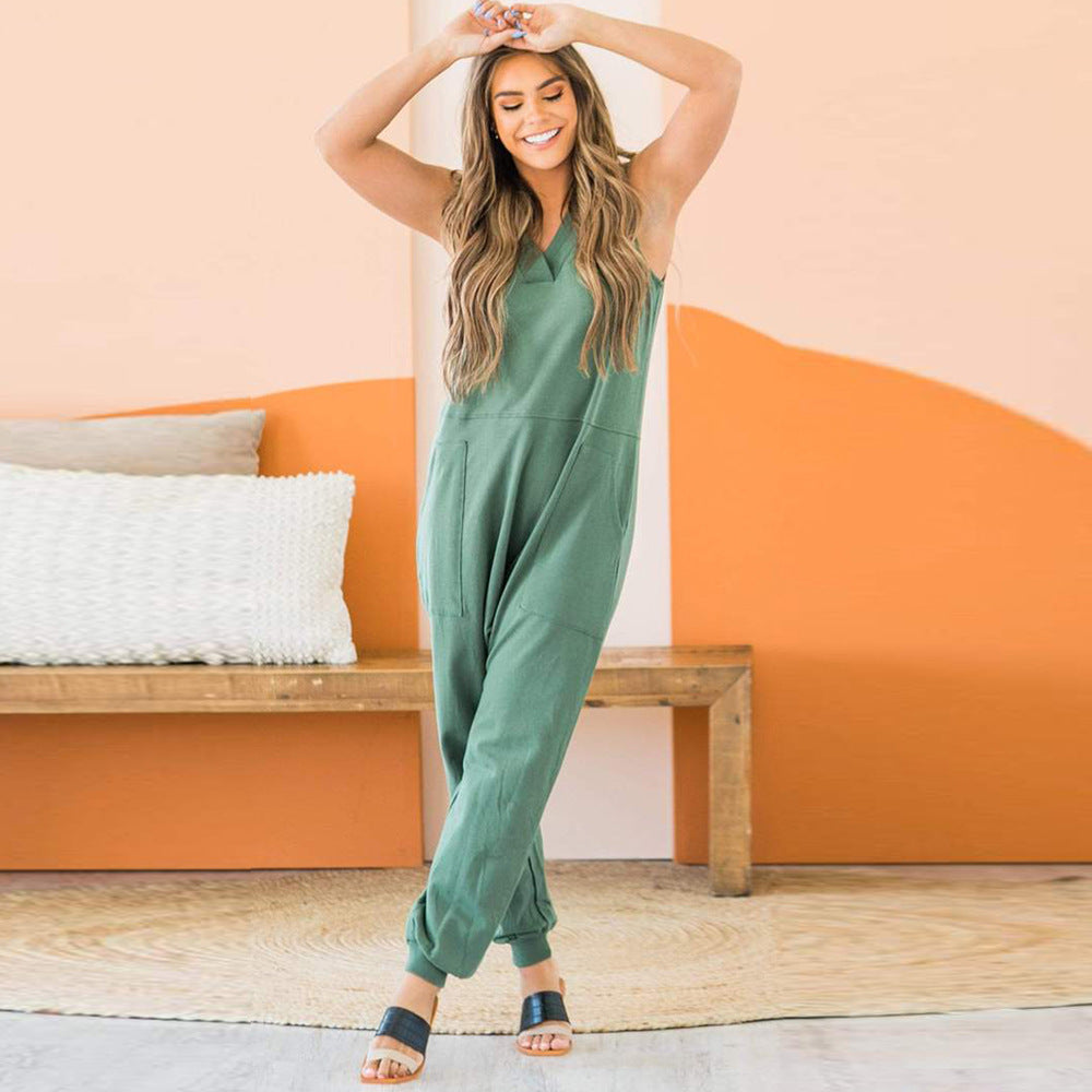 Summer Women Pocket Loose Rompers-Green-S-Free Shipping at meselling99