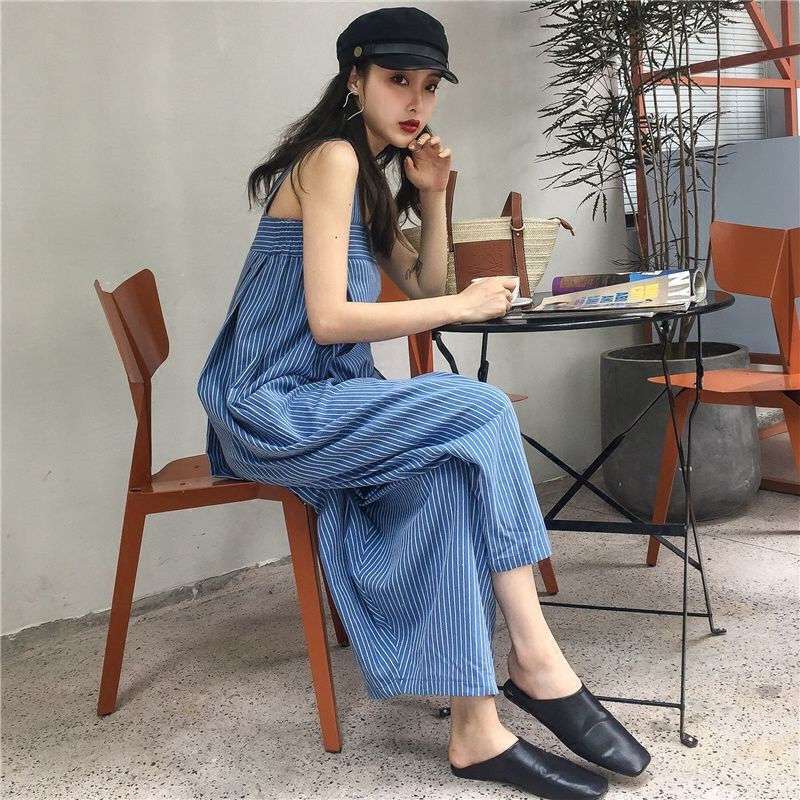 Fashion Loose High Waist Striped Leisure Jumpsuits-M-Blue-Free Shipping at meselling99