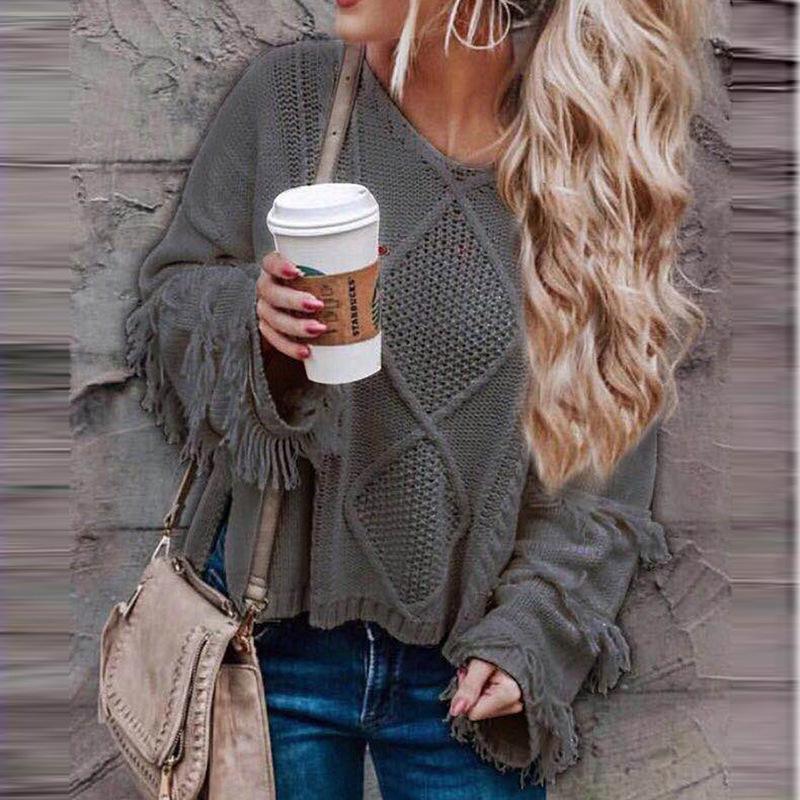 Loose V Neck Tassel Cardigan Sweaters-Women Sweaters-Gray-S-Free Shipping at meselling99