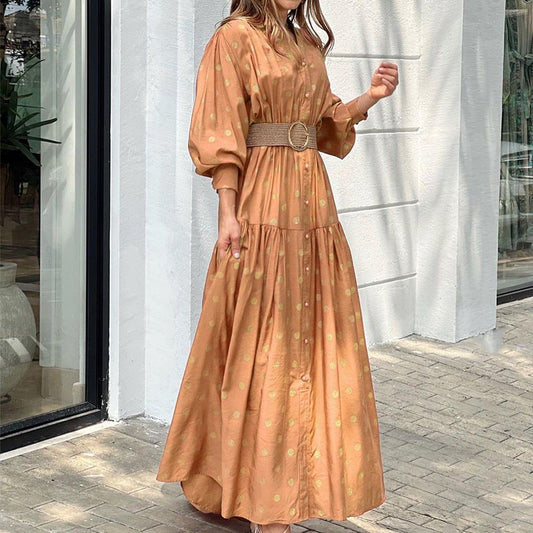 Elegant Women Dot Print Long Maxi Dresses-Dresses-Khaki-S-Free Shipping at meselling99