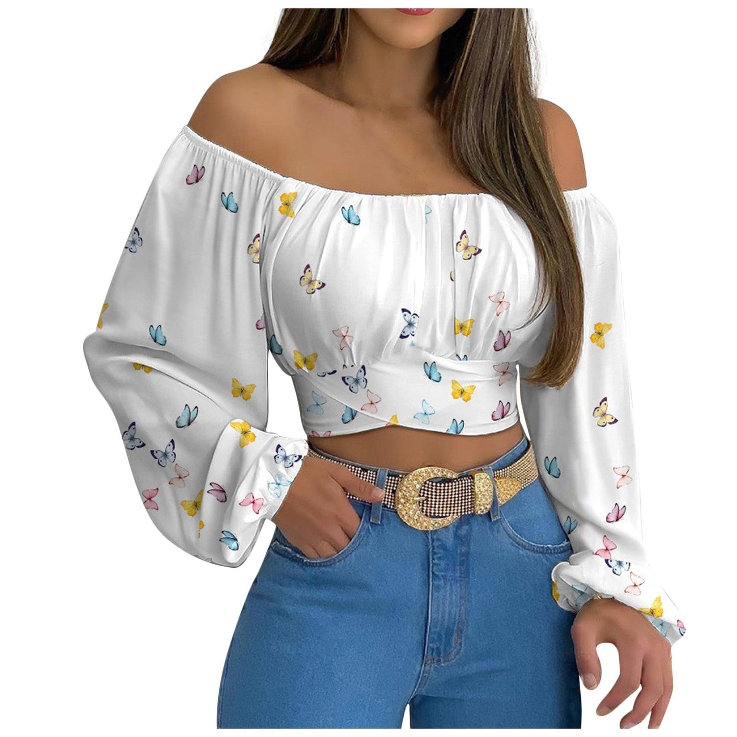 Sexy Off The Shoulder Midriff Baring Summer Short Tops-Shirts & Tops-White Butterfly-S-Free Shipping at meselling99