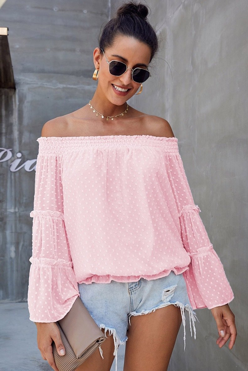 Off The Shoudler Bell Sleeves Chiffon Blouses-Pink-S-Free Shipping at meselling99