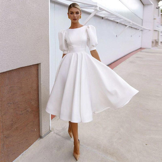 New Women Half Sleeves Sexy Midi Length Dresses-Vintage Dresses-White-S-Free Shipping at meselling99