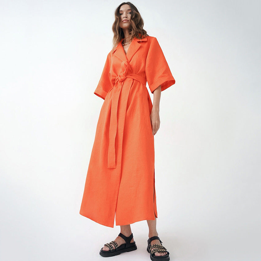Casual Summer Cotton Linen Long Romper Dresses-Dresses-Orange-S-Free Shipping at meselling99