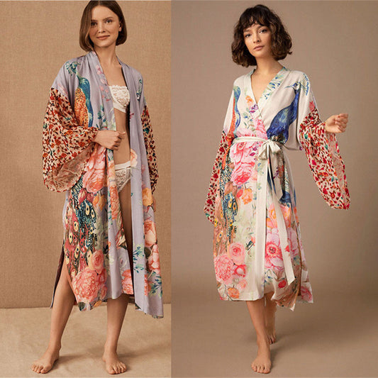 Peacock Print Kimono Beachwear Cover Ups--Free Shipping at meselling99