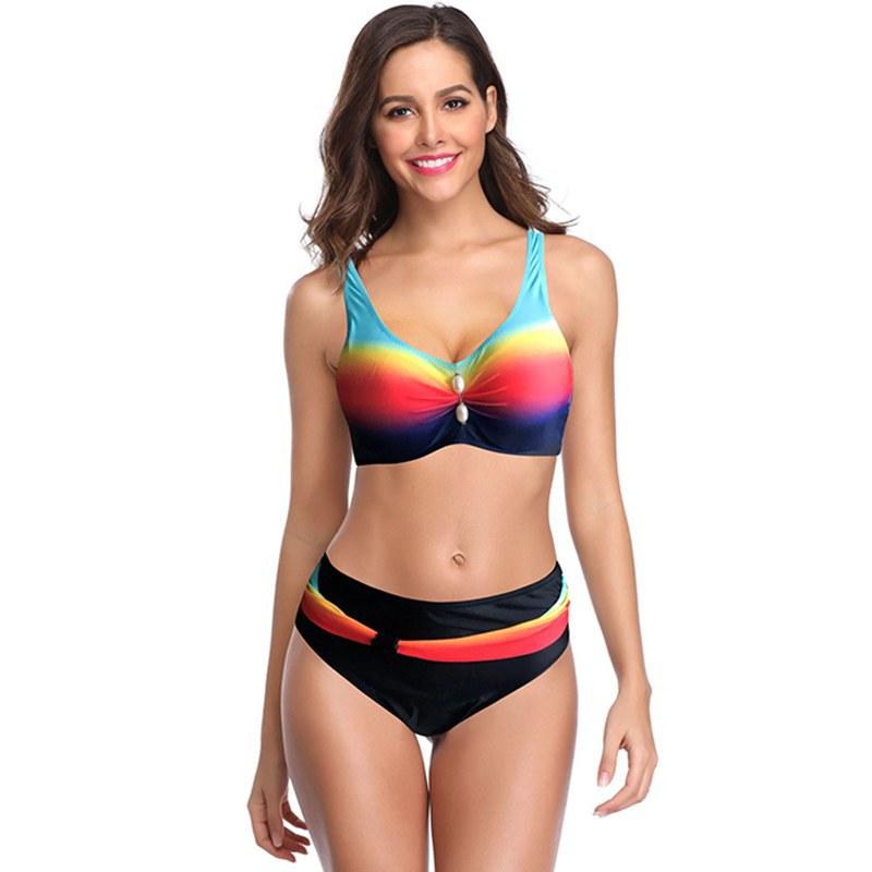 Women High Wasit Dot Print Bikini Swiming Suits-Rainbow-S-Free Shipping at meselling99