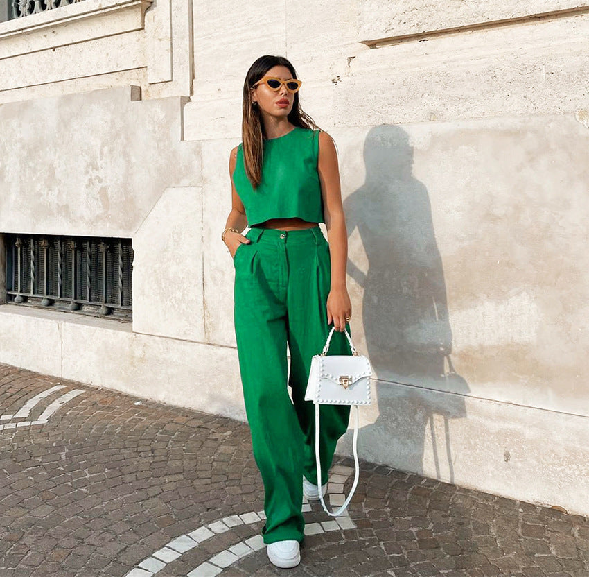 Casual Cotton Linen Sleeveless Tops & Wide Legs Pants-Suits-Green-S-Free Shipping at meselling99