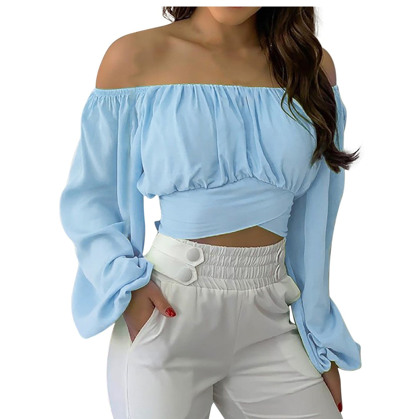 Sexy Off The Shoulder Midriff Baring Summer Short Tops-Shirts & Tops-Blue-S-Free Shipping at meselling99