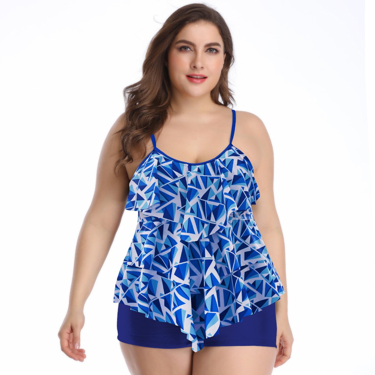 Women Ruffled Floral Print Plus Size Swimsuits-Blue-S-Free Shipping at meselling99