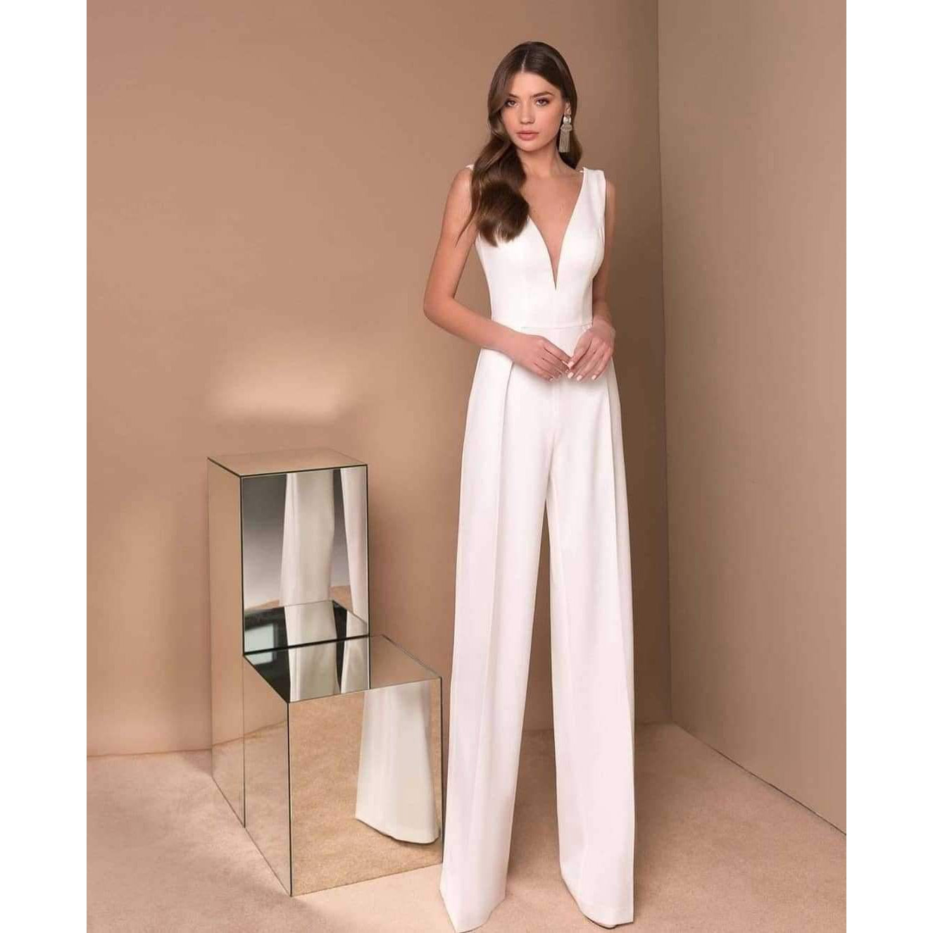 Women Casaul V-neck Sleeves Sexy Jumpsuits-White-S-Free Shipping at meselling99