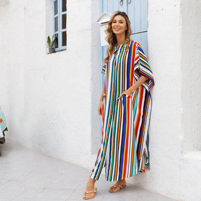Women Summer Beach Long Dresses-Boho Dresses-Colorful Striped-One Size-Free Shipping at meselling99
