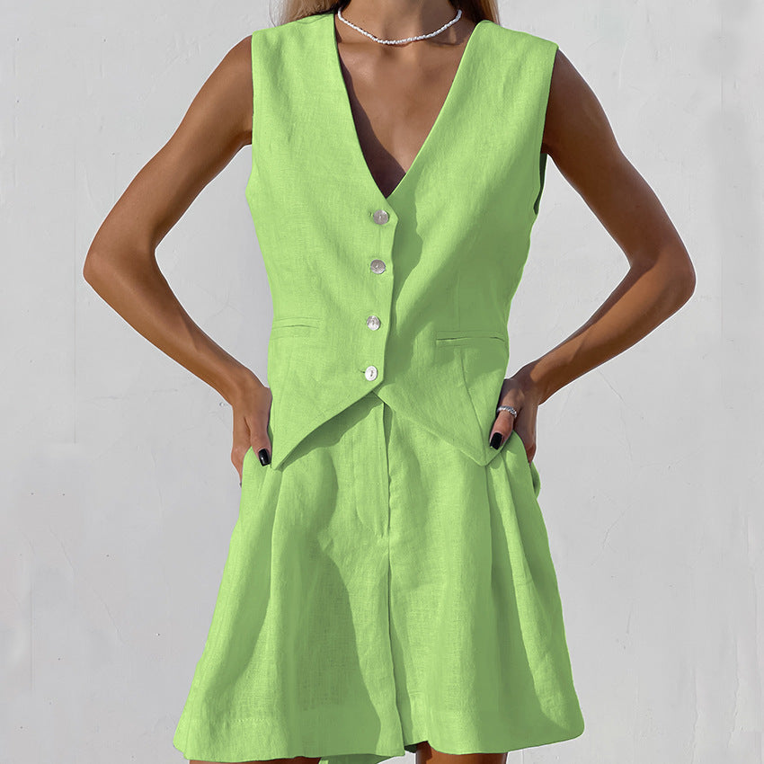 Designed Linen Cotton Summer Sleeveless Tops and Shorts Sets-Suits-Green-S-Free Shipping at meselling99