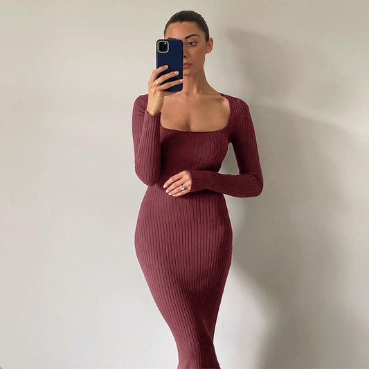 Sexy Square Neckline Long Sleeves Knitted Long Dresses-Dresses-Wine Red-S-Free Shipping at meselling99