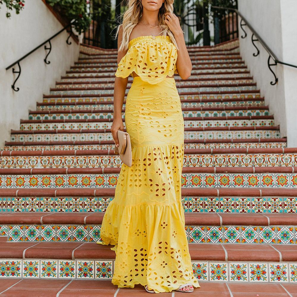 Yellow Off The Shoulder Sexy Strapless Dresses-Maxi Dresses-Free Shipping at meselling99