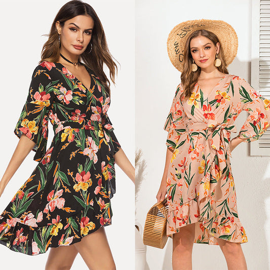 Casual V Neck Floral Print Ruffled Short Daily Dresses-Dresses-Free Shipping at meselling99
