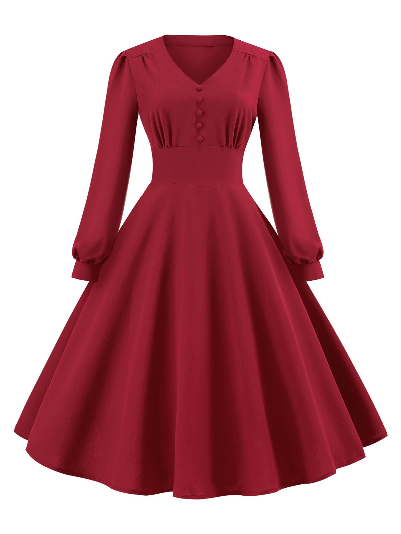 Vintage Long Sleeves Dresses with Button-Dresses-Red-S-Free Shipping at meselling99