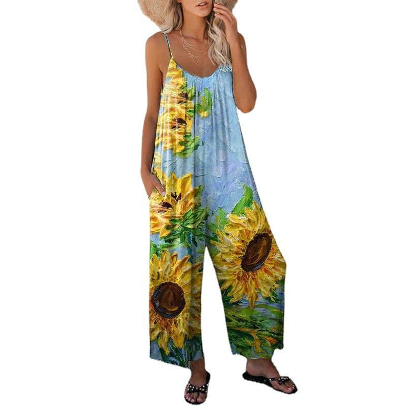 Lovely Fashion Sunflowers Spaghetti Straps Loose Jumpsuits--Free Shipping at meselling99
