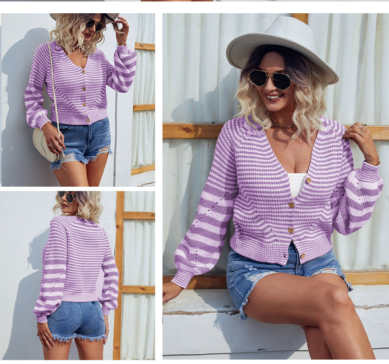 Casual Fall Knitted Striped Cardigan Coats for Women-Shirts & Tops-Free Shipping at meselling99