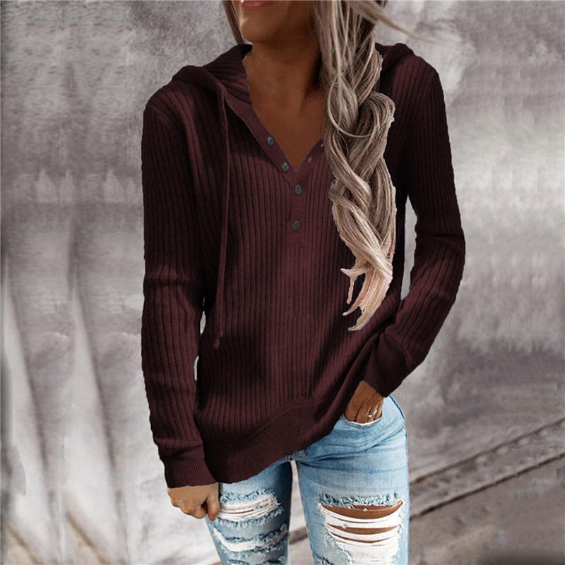 Women Casual Knitted V Neck Hoodies Sweaters-Shirts & Tops-Wine Red-S-Free Shipping at meselling99