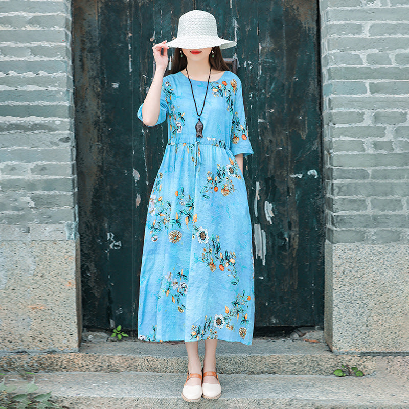 Ethinc Line Summer Half Sleeves Women Long Dresses-Dresses-Light Blue（886）-M-Free Shipping at meselling99