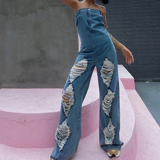 Summer Personality Broken Holes Pipe Pants-Blue-S-Free Shipping at meselling99