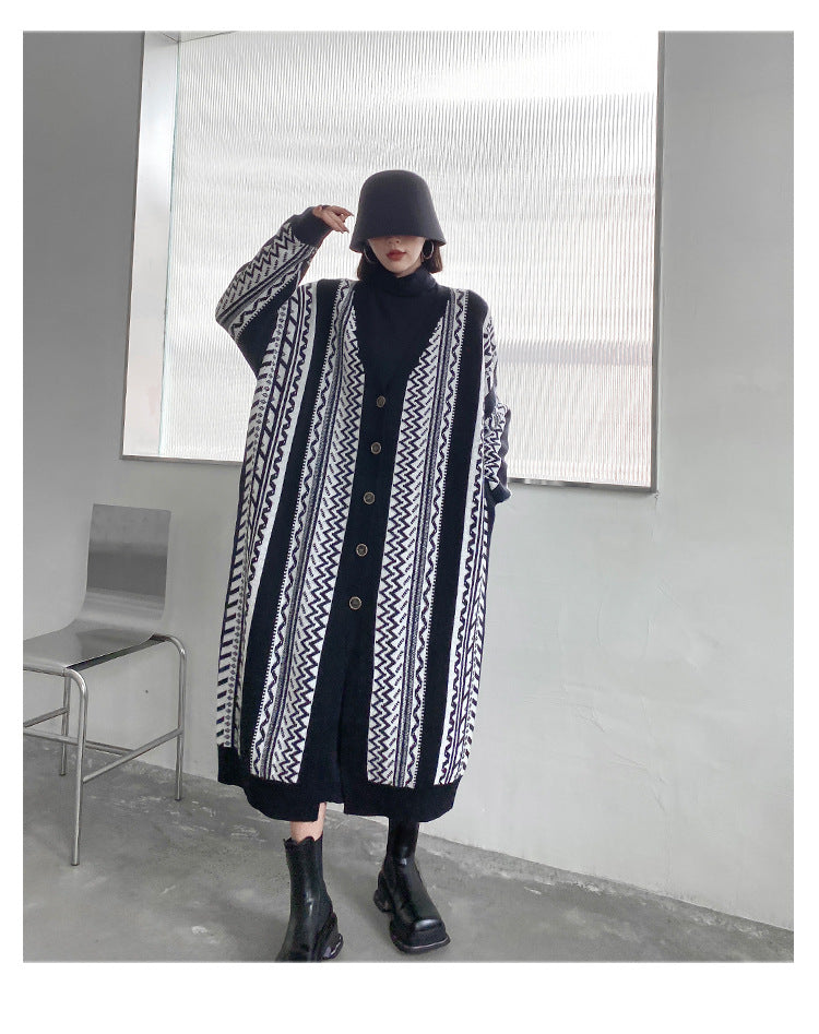Casual Black Striped Long Knitted Cardigan Tops-Outerwear-Black-One Size-Free Shipping at meselling99