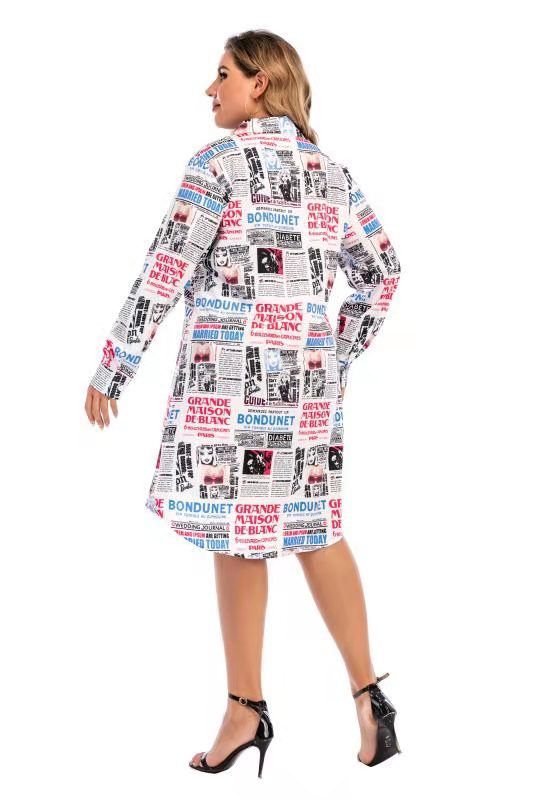 Women Newspaper Print Plus Sizes Short Shirt Dresses-Dresses-Free Shipping at meselling99