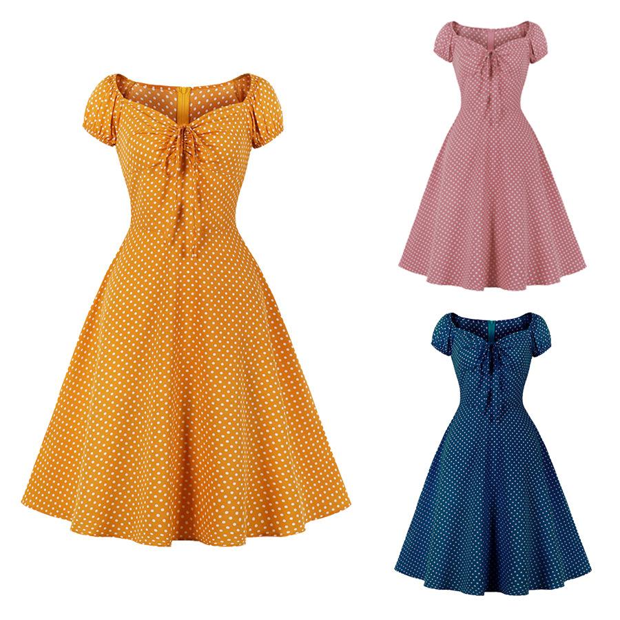 Women Short Sleeves Dot Print Vintage Dresses-Vintage Dresses-Free Shipping at meselling99