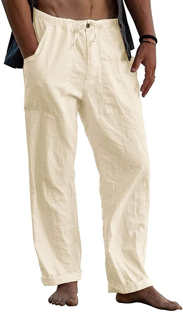Casual Linen Men's Summer Beach Pants with Elastic Waist-Pants-Khaki-S-Free Shipping at meselling99