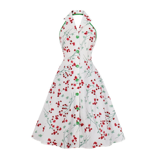 Women Halter Backless Floral Print Vintage Midi Length Dresses-Vintage Dresses-White-S-Free Shipping at meselling99