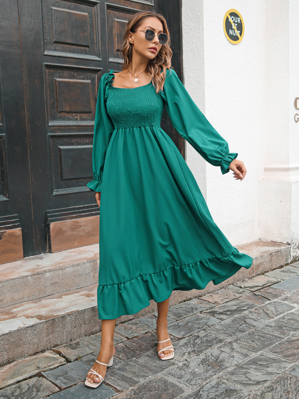 Casual Ruffled Long Sleeves Fall Dresses-Dresses-Green-S-Free Shipping at meselling99