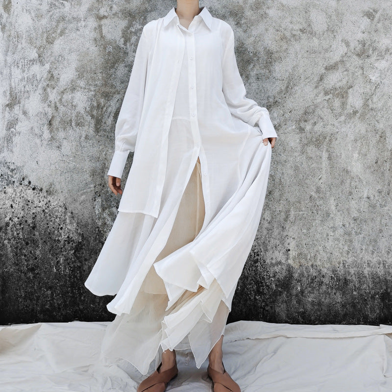 Ethnic Vintage Linen Designed Long Shirt Dresses-Dresses-White-L-Free Shipping at meselling99